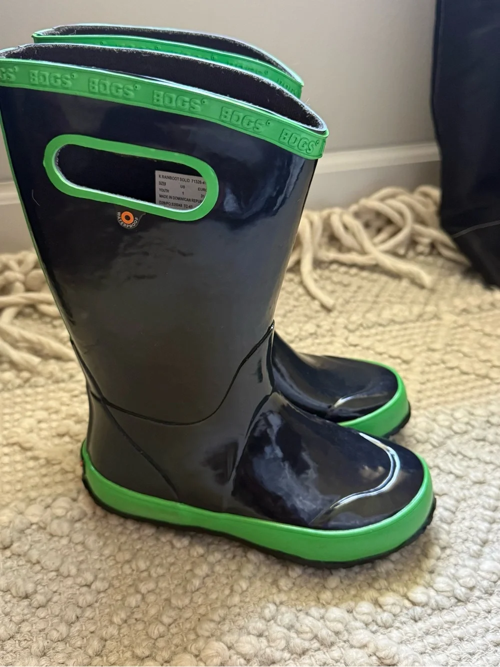 Bogs Kids Navy with Green Trim Rain Boots